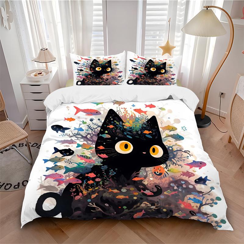 3pcs Colorful Fish & Kitten Printed Bedding Set, Soft and Comfortable Quilt Cover for Bedroom, Guest Room (1 Duvet Cover + 2 Pillowcases, Pi