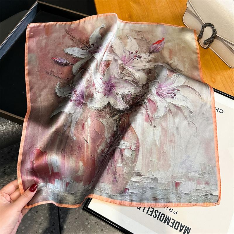 100% Silk Scarf Plum Blossom Pattern Square Scarves for Women Wrap Kerchief Mulberry Silk Bandana Fashion Luxury Headband Hijab