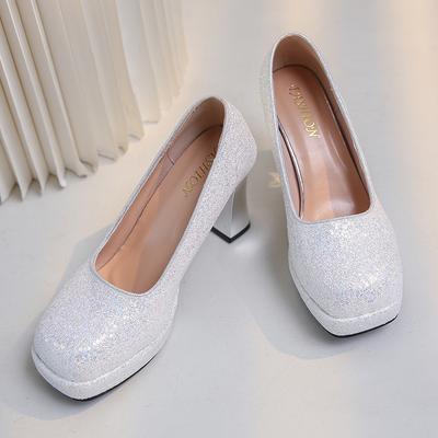 Мода 2024 года, весна и осень, новые женские туфли на очень большом высоком каблуке, толстая подошва, однотонные, удобные, с небольшим вырезом, женские туфли