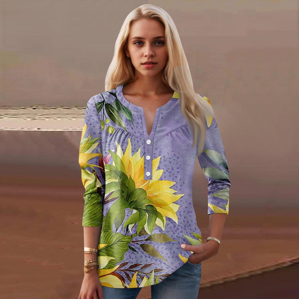 Женская мода повседневный топ с длинным рукавом и круглым вырезом с цветочным принтом