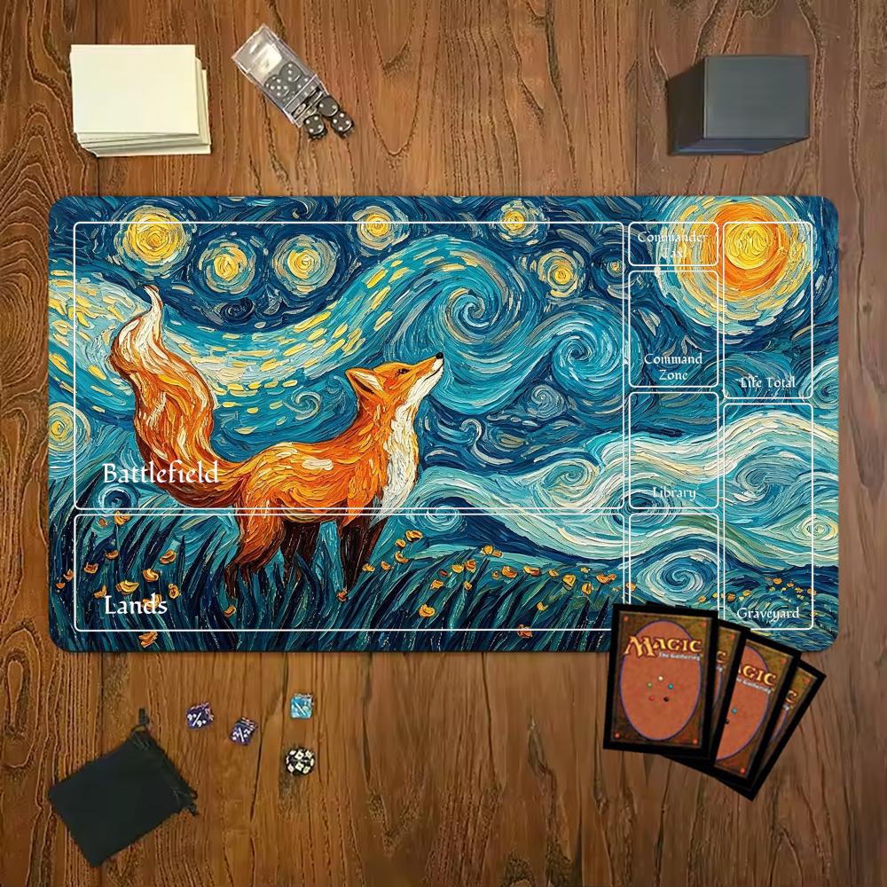 Van Gogh Style Art Starry Sky Fox Gaming Mouse Pad Playmat 24"X14" MTG TCG Office Desk Mat for Work Game PC Laptop Rug MousePad