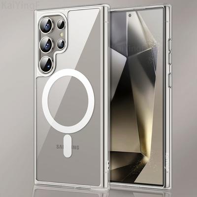 Прозрачный чехол для Magsafe для Samsung Galaxy S25 S24 S23 FE S22 S21 Ultra Plus Беспроводная зарядка Ударопрочная Прозрачная накладка