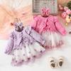 3pcs Girls' Three-dimensional Butterfly Embroidery Mesh Dress & for Lotus Leaf Edge Textured Flying Sleeve Long Sleeve Short Jacket & Bow Hair Tie Set