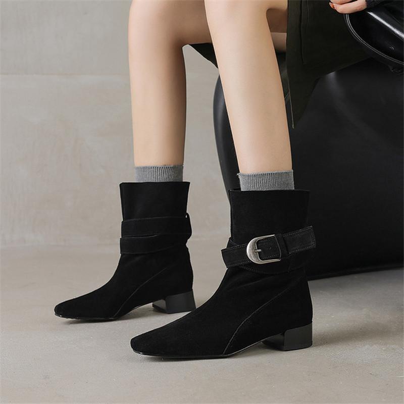 Fashion New Autumn/winter Cow Suede Women Boot Square Toe Shoes for Women Fashion Boots Low Heels Buckle Work Boots Western Boots