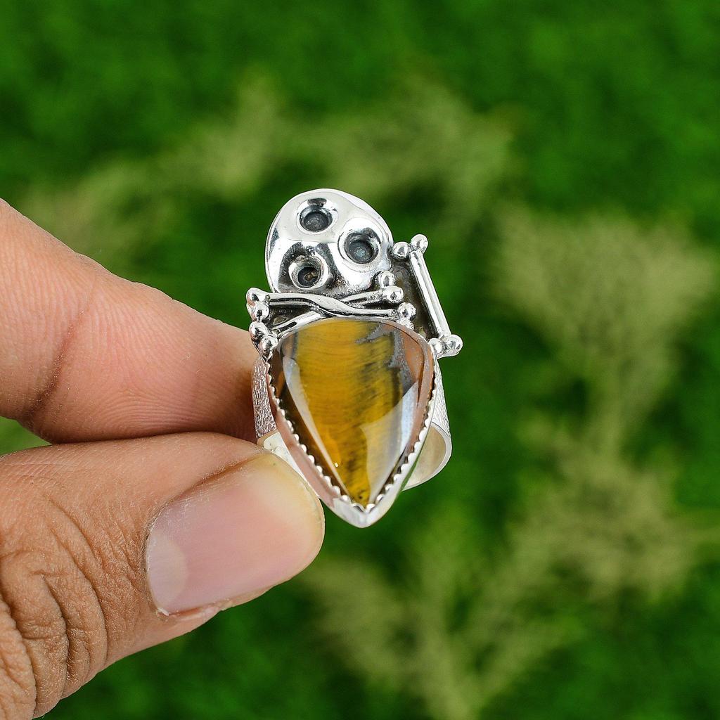 Natural Tiger'S Eye Skull And Bone Adjustable Ring 925 Silver For Women