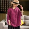 Women Vintage Solid Color T-Shirts O-Neck Half Sleeve Button Loose Summer Casual T-Shirts