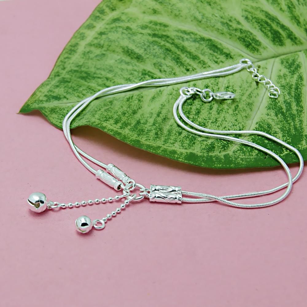 Fashion Cute Girl Bell Anklets Women Solid 925 Sterling Silver Snake Chain anklets.Contracted Double Chain 27cm Anklets. Jewelry