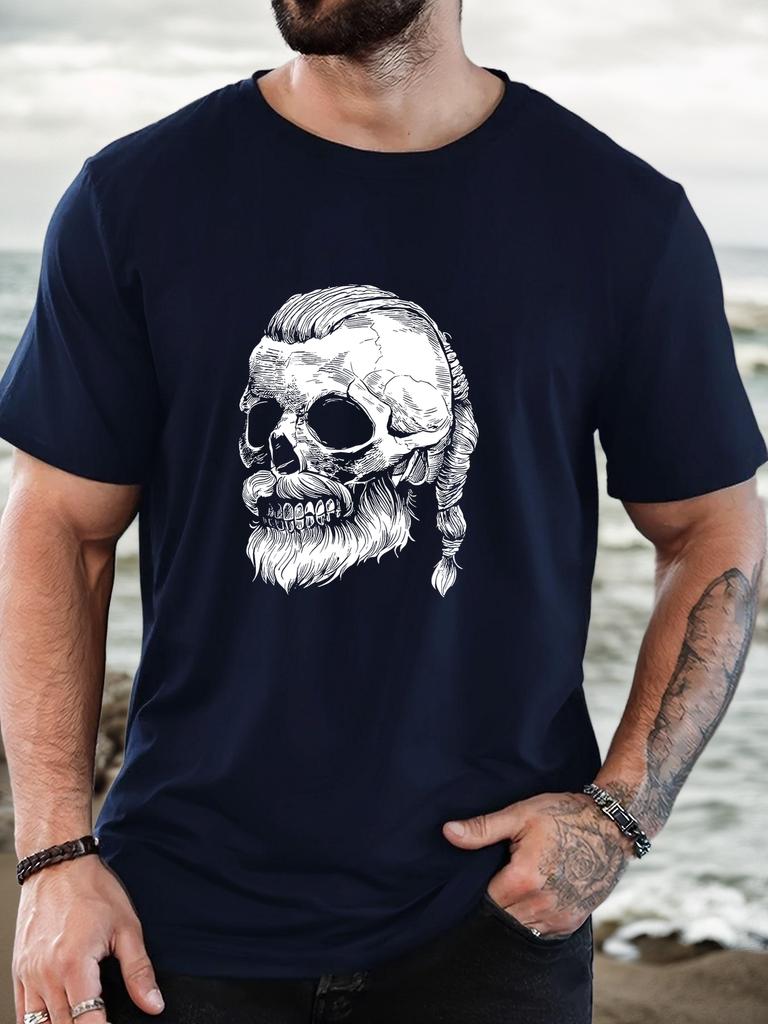 Unisex Black Crew Neck Tee Viking Beard Braid Skull Sketch Retro Gothic Graphic Soft Cotton Casual Male Short Sleeve Tops