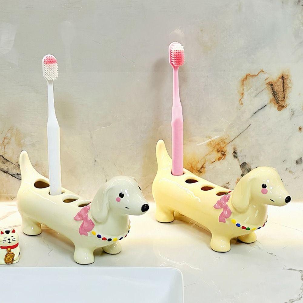 4 Slot Dachshund Toothbrush Holder Ceramic Toothpaste Toothbrush Base Bathroom Accessories