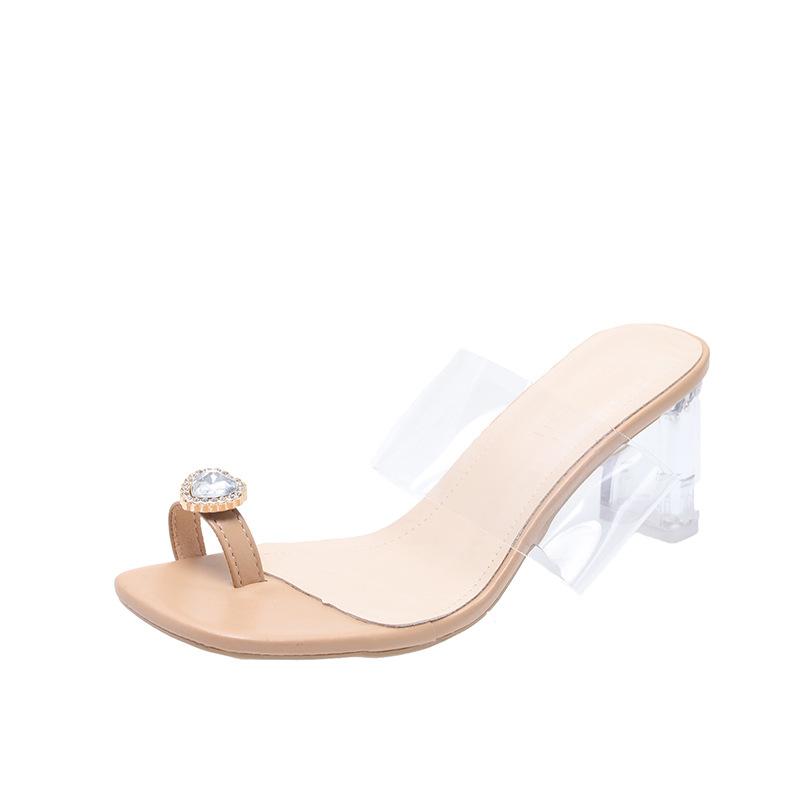 Прозрачные полушлепанцы на высоком каблуке, женские новые шлепанцы с закрытым носком на толстом каблуке со стразами и стильные шлепанцы с перемычкой для улицы.
