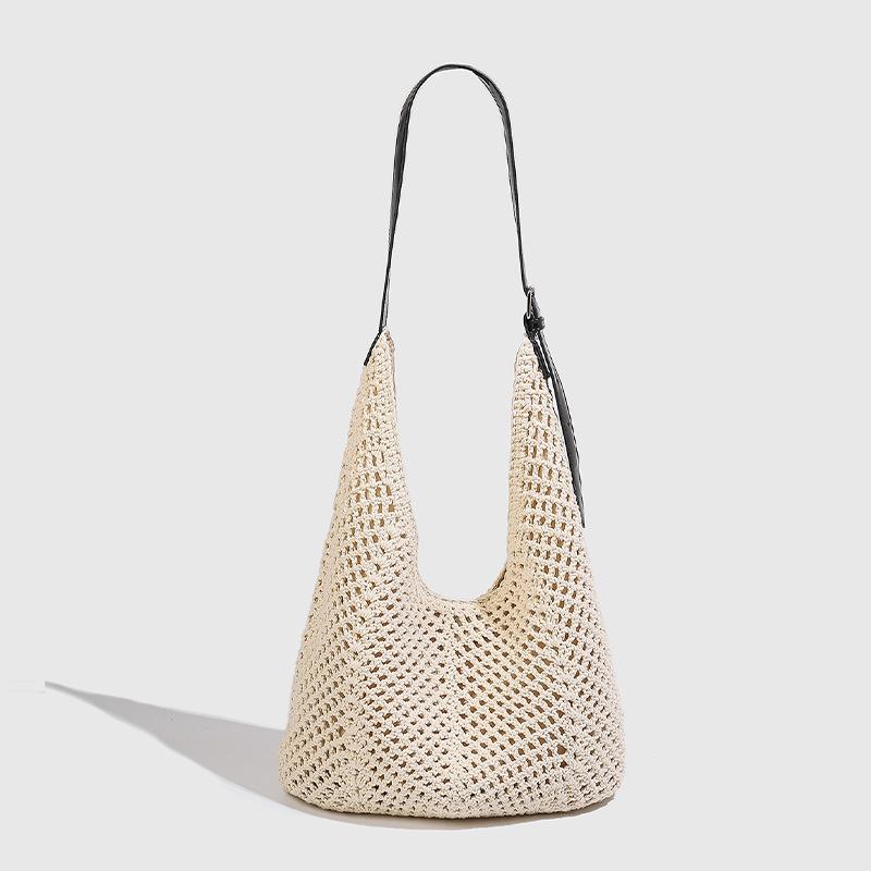 Korean Style Beach Vacation Bag for Women, Large Capacity Hollow Woven Bag, High-End Commuter Tote Bag