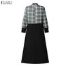 ZANZEA Women Muslim Casual Round Neck Long Sleeve Plaid Print Patchwork Loose Long Dress