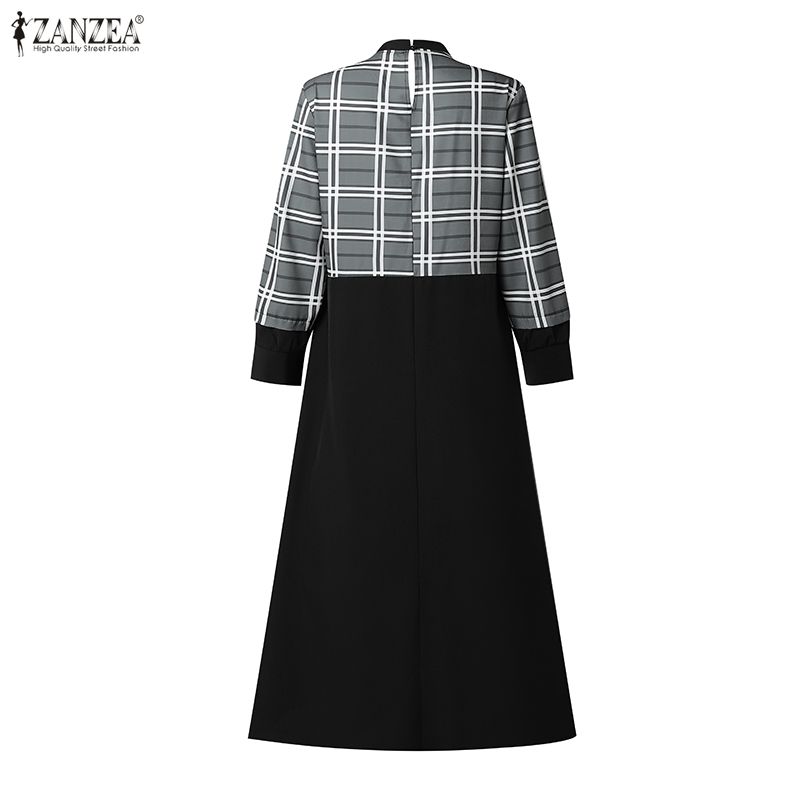ZANZEA Women Muslim Casual Round Neck Long Sleeve Plaid Print Patchwork Loose Long Dress