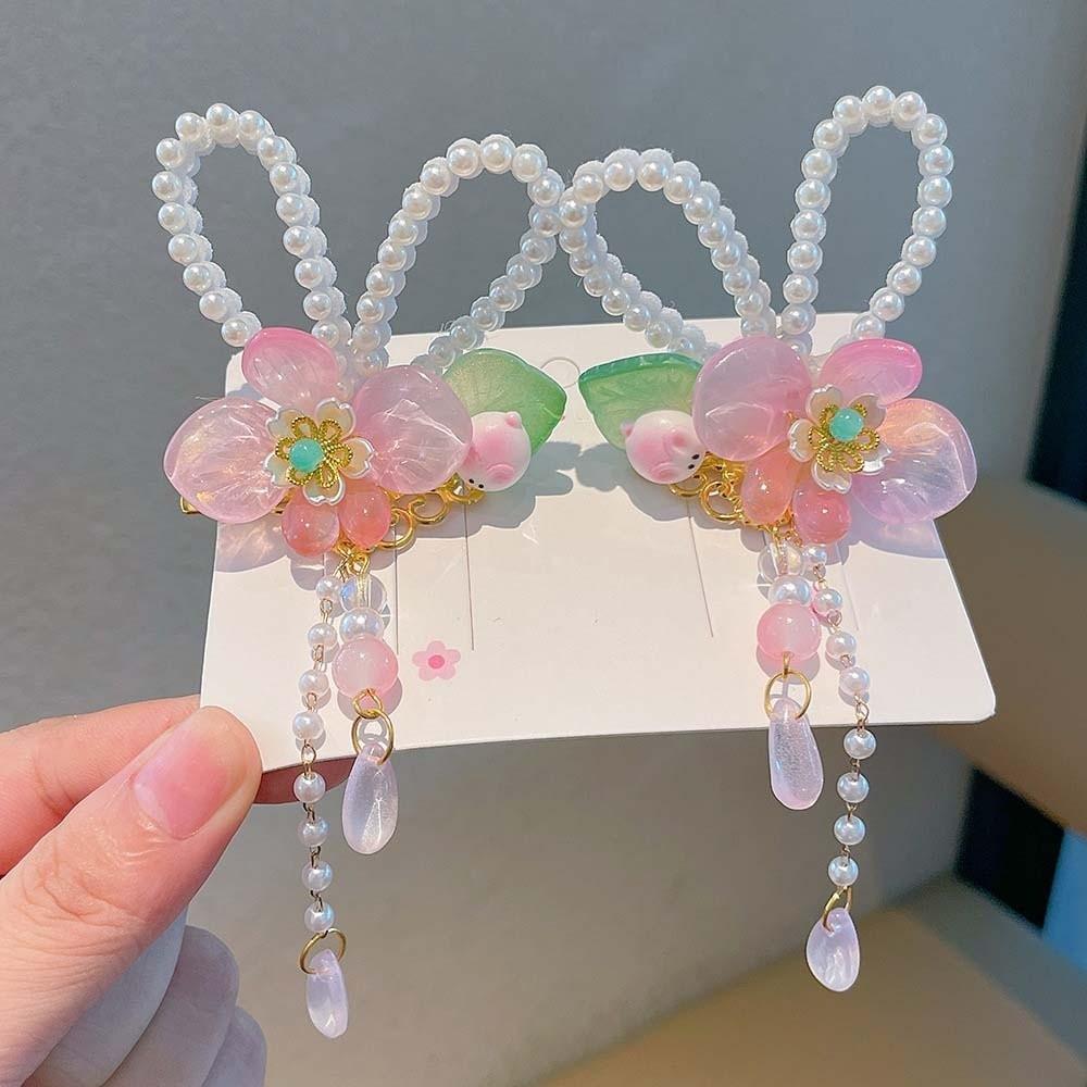 1 Pair Floral Tassel Pearl Bunny Hair Clips Vibrant Color Fairy Hairpins Hanfu Hair Clips Festival
