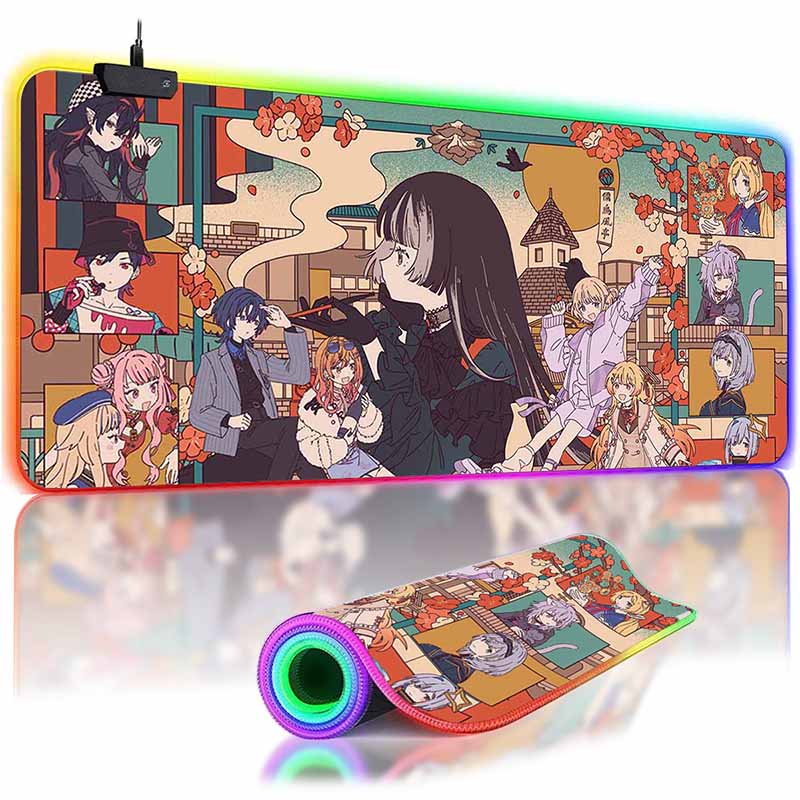 RGB Backlit Kawii Virtual Idol Anime Mouse Pad Cute Anime Grils Lager Gamer J_Juufuutei R_Raden Mouse Mat Non-Slip Keyboard Mat