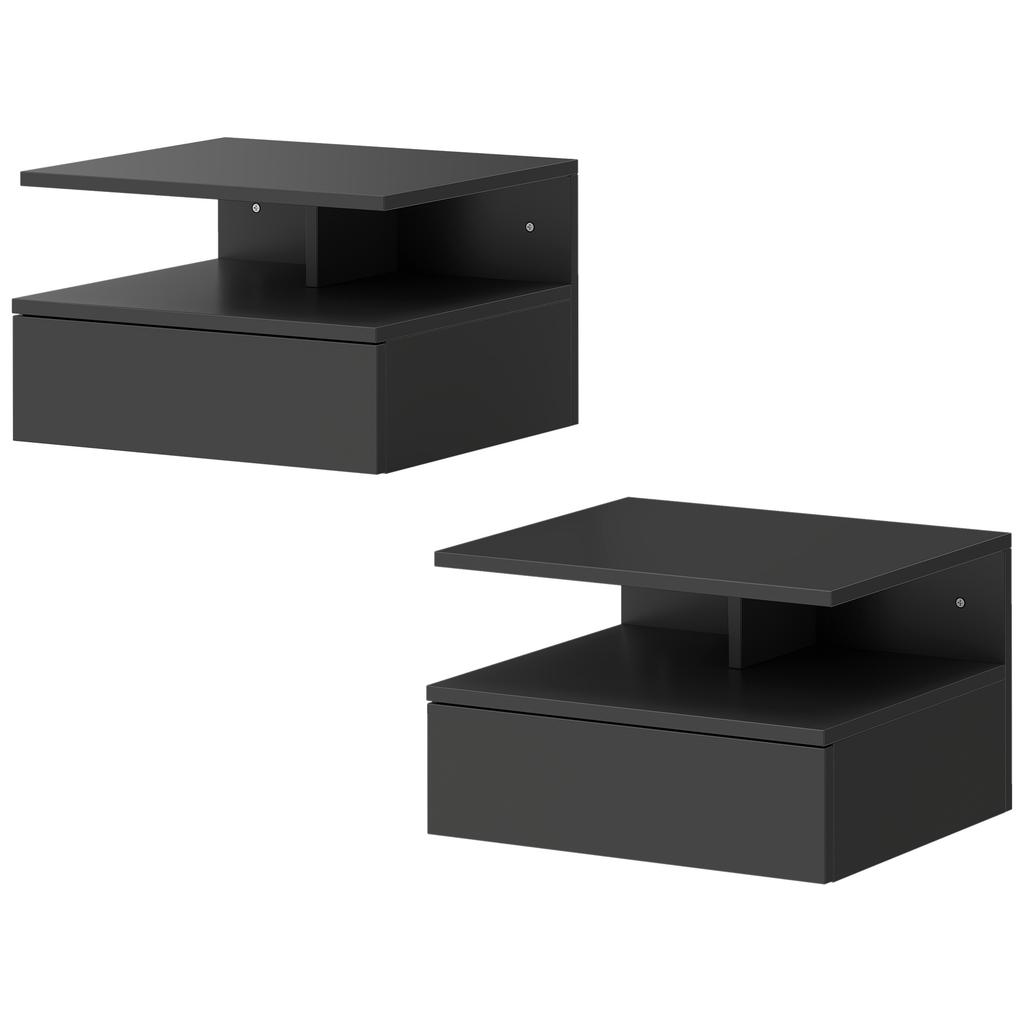 Set of 2 Wall-Mounted Floating Nightstands, Drawer, 35x32x22.5 cm, Black