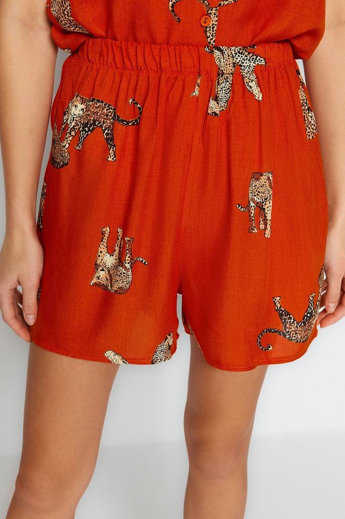 Women's Fashion New Pajama Set Dark Rose Animal Patterned Viscose Shirt-Shorts Woven Pajama Set