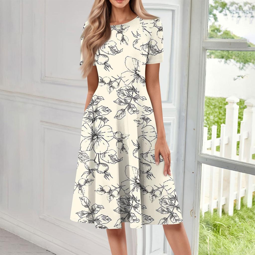 Women's Loose Casual And Fashionable Round Neck Short Sleeved Printed Mid Length Dress