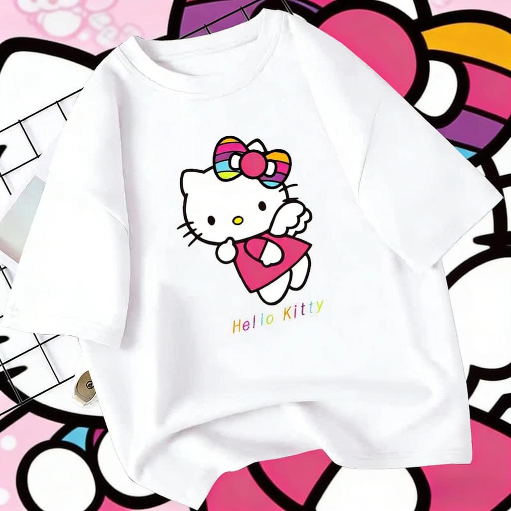 Летняя футболка с мультяшным принтом HelloKitty 2026 года, повседневная хлопковая футболка с коротким рукавом для взрослых и детей, милый кавайный стиль streetwear
