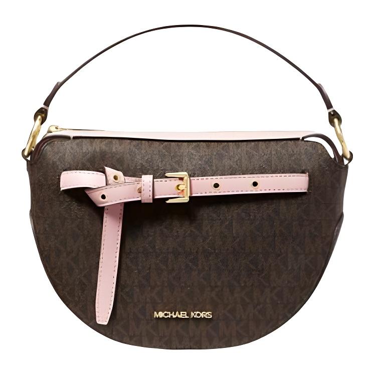 Michael Kors MK Emilia Сумка через плечо на ремне с принтом монограммы и логотипом-сердцем, средняя, женская, коричнево-розовая 35S1GU5C6B-POWDER-BLUSH