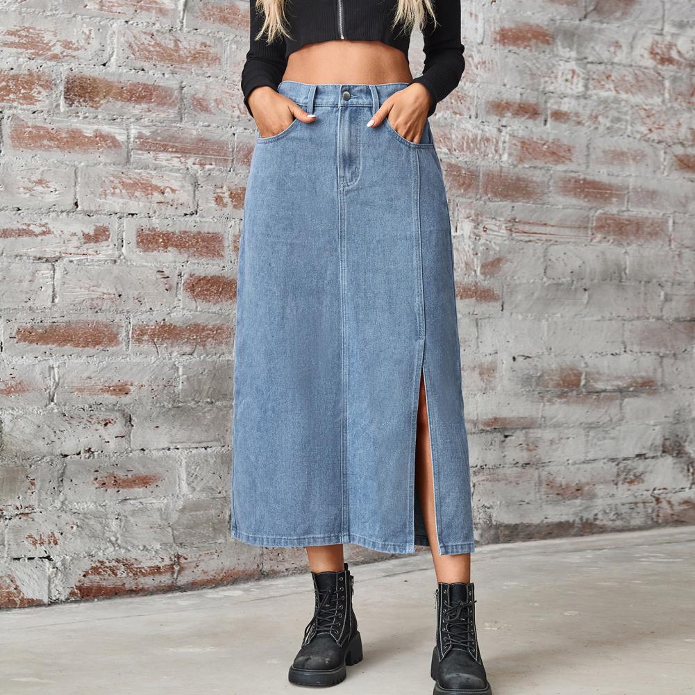 Summer Midi Skirt Button Zipper Fly Side Slit Design Denim Skirt with Pockets Retro Summer Denim Casual Skirt Daily Wear