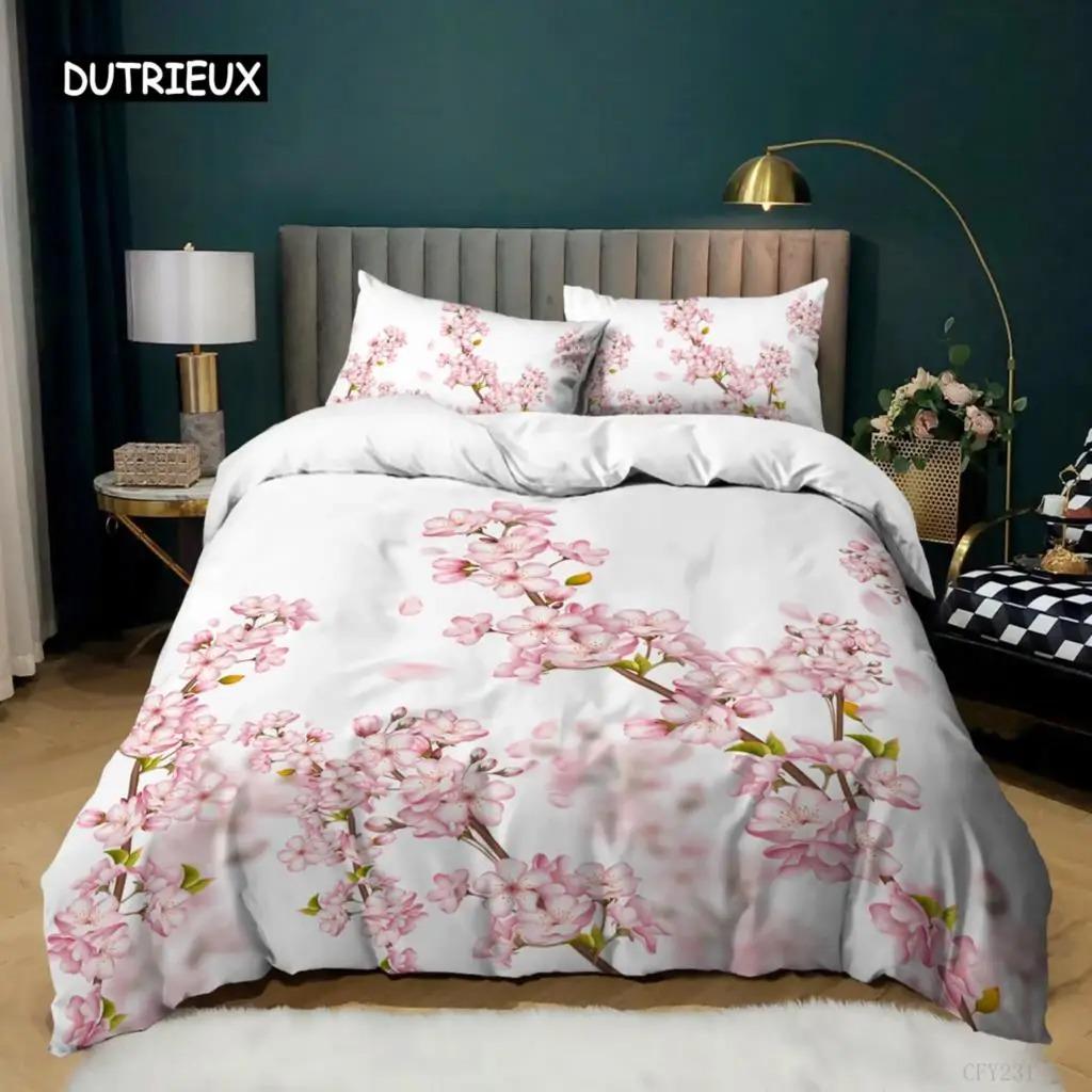 Plum Blossom Duvet Cover Collection King Pink Flower Quilt Cover For Girls Microfiber Branches Printed Bedding Collection