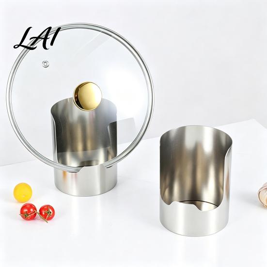 Silver Metal Kitchen Gadget Stainless Steel Pot Lid And Spoon Rack 2-in-1 Vertical Utensil Space Saving Tool Organizer Holder Space-Saving
