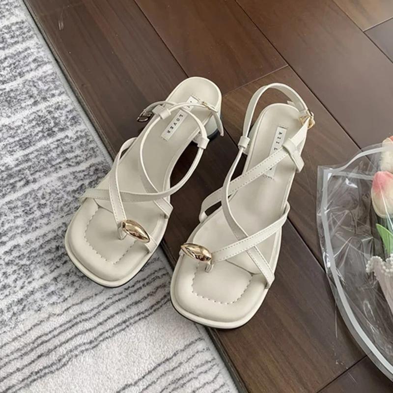 Fashion Sandals Designer New 2025 Dress Women Metal Decoration Ladies Narrow Band Buckle Thick Heels Female Shoes Outside Party Clip Toe