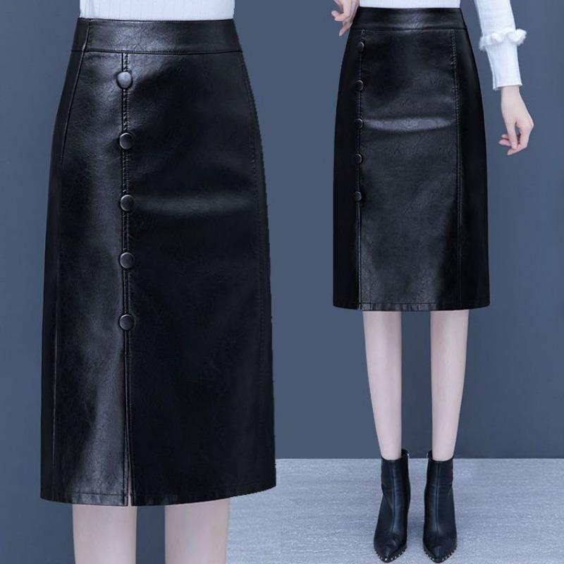 Кожаная юбка Юбка Женская Миди Осень и Зима Новая С высокой талией Юбка-карандаш из ПУ Длинная юбка