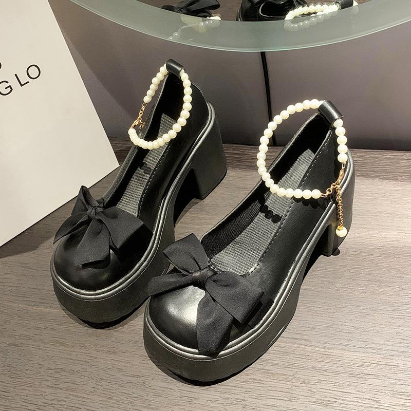 Туфли Мэри Джейн на высоком каблуке, женские, весна 2024, новые, в стиле феи, с бантом, на толстой подошве, с жемчужинами и юбкой