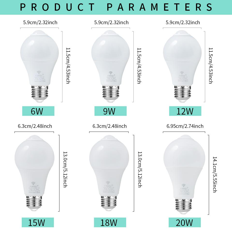AC 85-265V Светодиодная лампа с датчиком движения PIR E27 6W 9W 12W 15W 18W 20W Умный свет с датчиком движения для дома, лестницы, дорожки