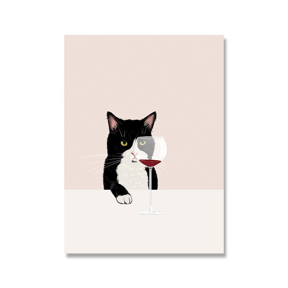 Белые кошки Забавный постер с изображением кота Вкус красного вина Холст Картина Любитель кошек Подарки Кухня Настенные художественные картины для гостиной Домашний декор