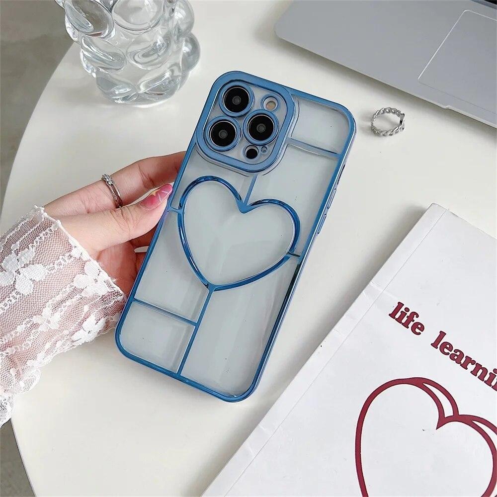 Роскошный чехол для телефона с гальваническим покрытием Love Heart для iPhone 11, чехол для iPhone 13 12 14 15 Pro Max 14 15 Plus, противоударный бампер, прозрачный чехол