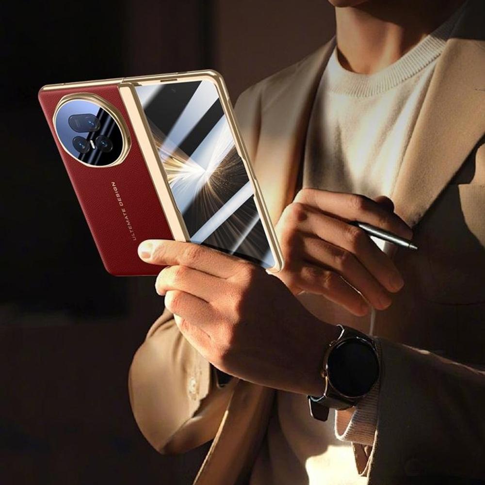 Чехол для Honor Magic V5 5G Кожа+ПК Чехол для телефона с HD Закаленной стеклянной пленкой, Объектив Подставка