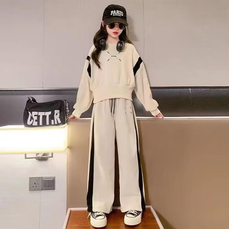 Костюм для девочки 4-12 лет, спортивный костюм на весну и осень, модный повседневный топ + широкие брюки, комплект из двух предметов