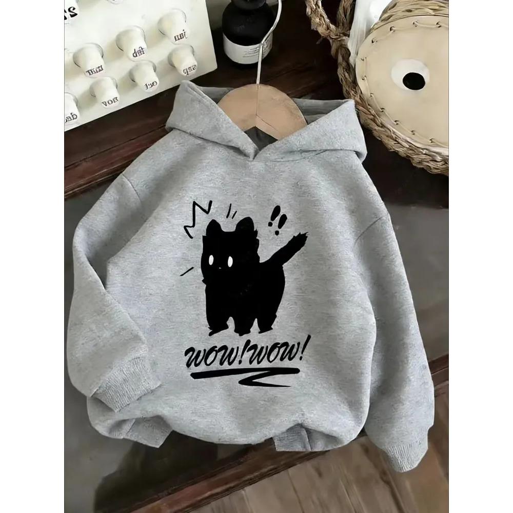 Autumn Kids Hooded SweatshirtFun Cartoon Kitten Silhouette With Wow Wow Text Print Pullover HoodieComfort Casual Top for Boys Girls Outdoor Activities