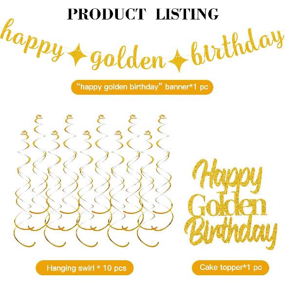 12Pcs Golden Birthday Party Decorations Includes Happy Golden Birthday Banner,10Pcs gold hanging swirls, 1Pcs Glitter Golde Cake Topper.