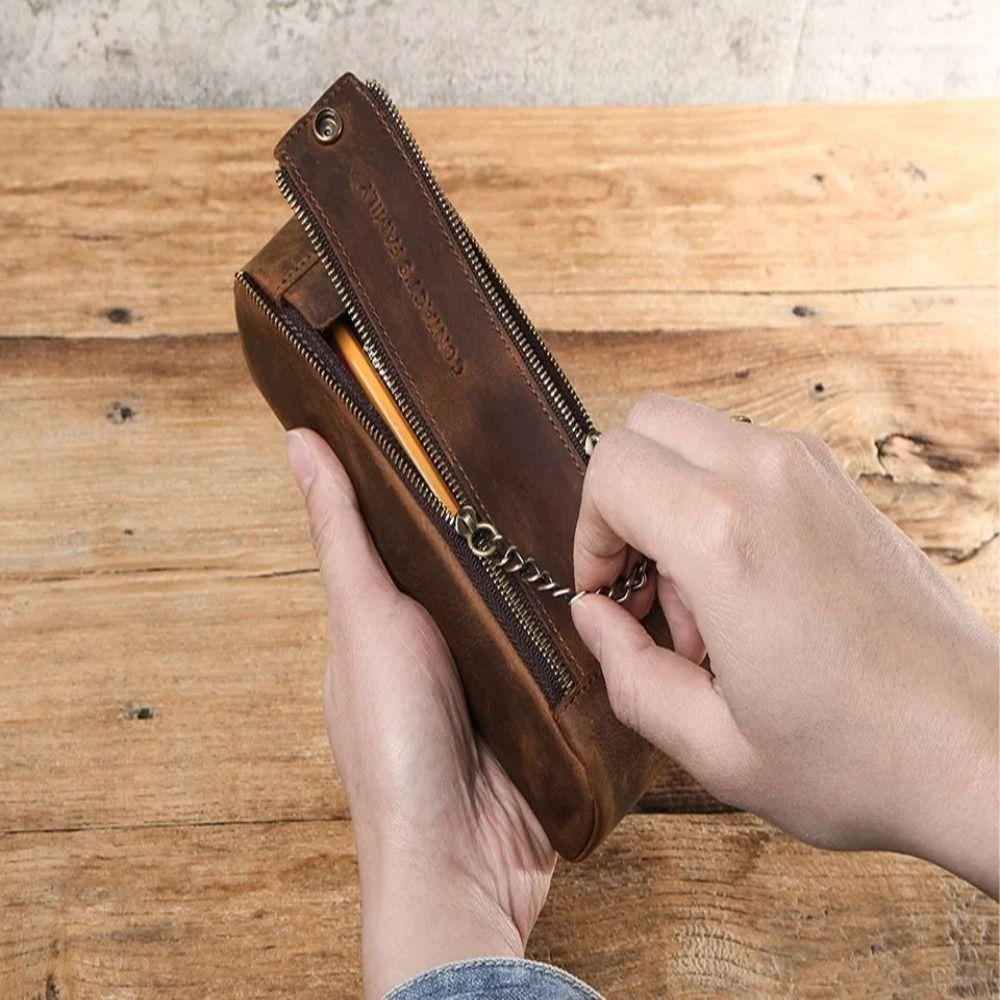 Leather Pen Pouch Holder Large Capacity Desktop Organizer Retro Zipper Pen Pencil Case  Stationary