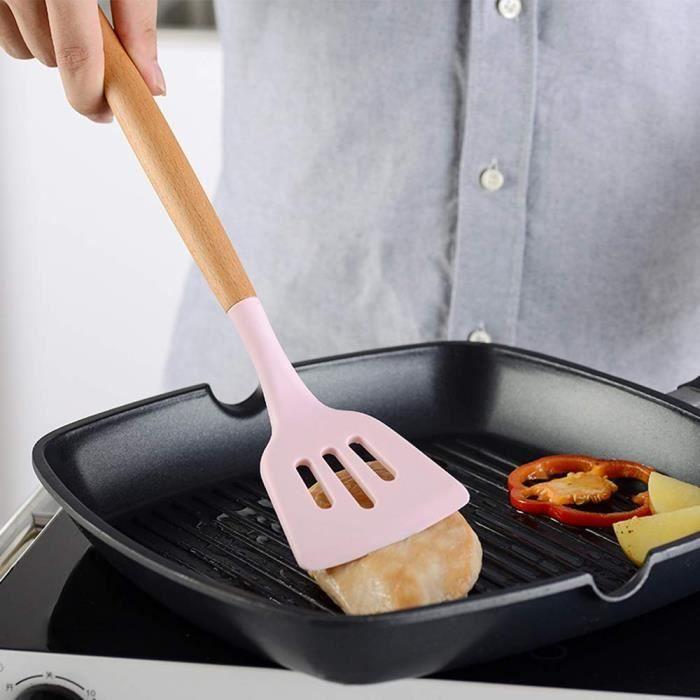 Kit Ustensiles de Cuisine - Marque - 12 pièces - Silicone Antiadhésif - Manche en Bois Lisse - Contemporain