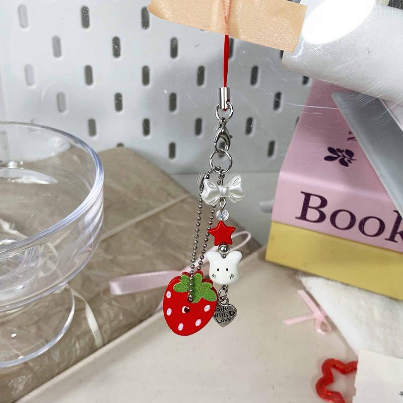 Sweet Y2K Cute Strawberry Mobile Phone Lanyard Lovely Rabbit Four Leaf Clover Star Keychain Bag Charms Girls Fresh Cute Pendant