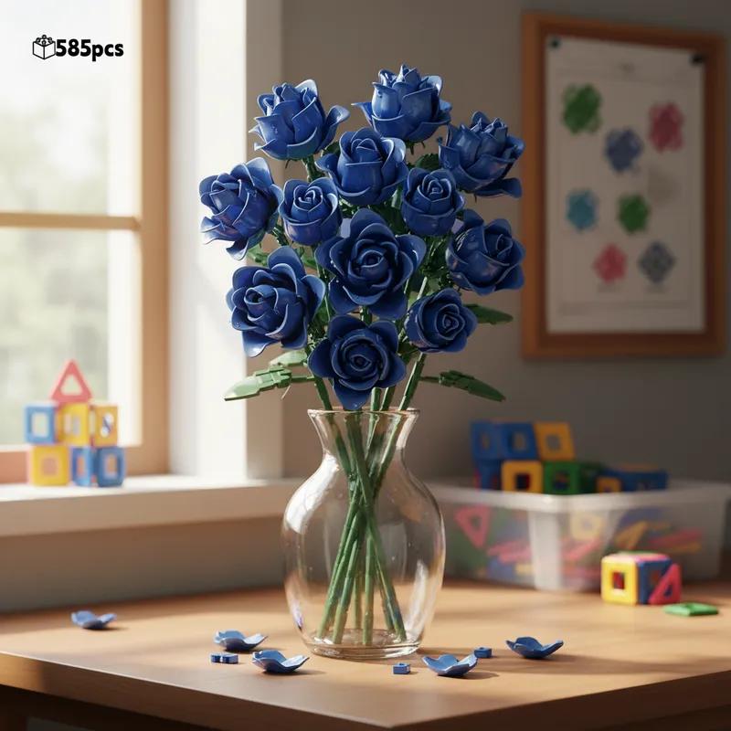 585Pcs Gothic Black Pink Blue Rose Flower Bouquet Building Blocks Set Creative Decoration Valentine Gift Idea Beautiful Box