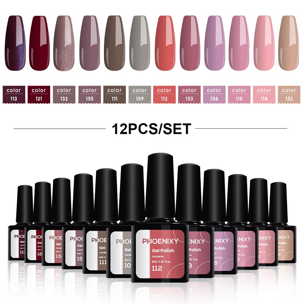 PHOENIXY, 8 мл, 12 цветов, гель-лак для ногтей, гель для ногтей, полуперманентный твердый гель для ногтей, замачиваемый УФ-гель, нужна база, верхнее покрытие, дизайн ногтей «сделай сам»