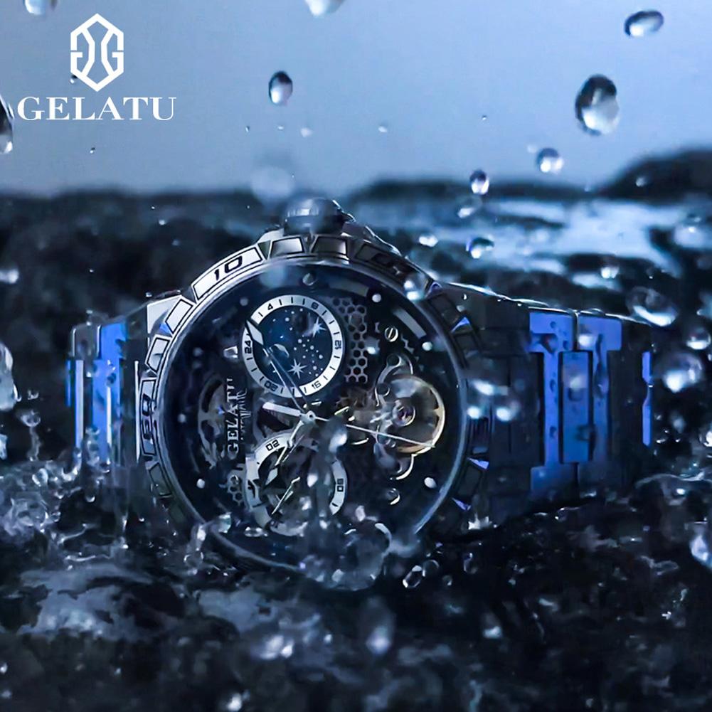 GELATU 6020 Men Watch Hollow Flywheel Men Automatic Mechanical Watch Starry Sky Waterproof Luminous Chronograph Luxury Men Watch