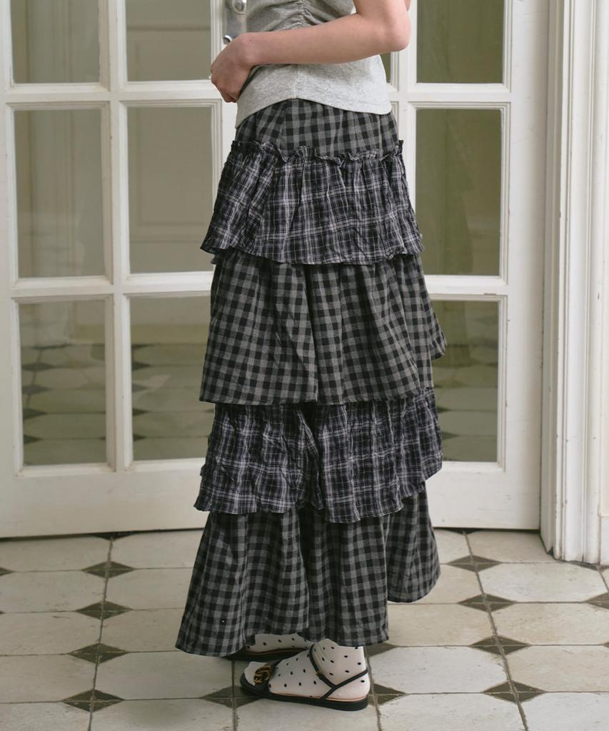 The Green Lab Tiered Long Skirt With Cancan Check [Charcoal Gray Check]