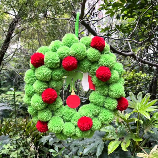 13 Inch Christmas Green Elf Wreath for Front Door Plush Pompom Ball Wreath with Wooden Elf Hand for Winter Wall Window Fireplace Door Tree Decor