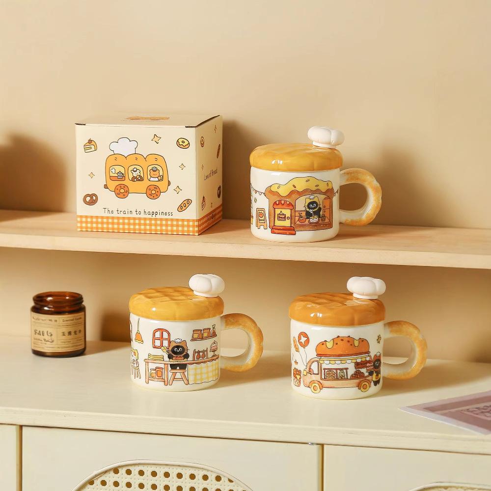 Cute Waffle Mug High-Value Souvenir Bread Ceramic Cup With Lid Office Girls Gift Water Cup