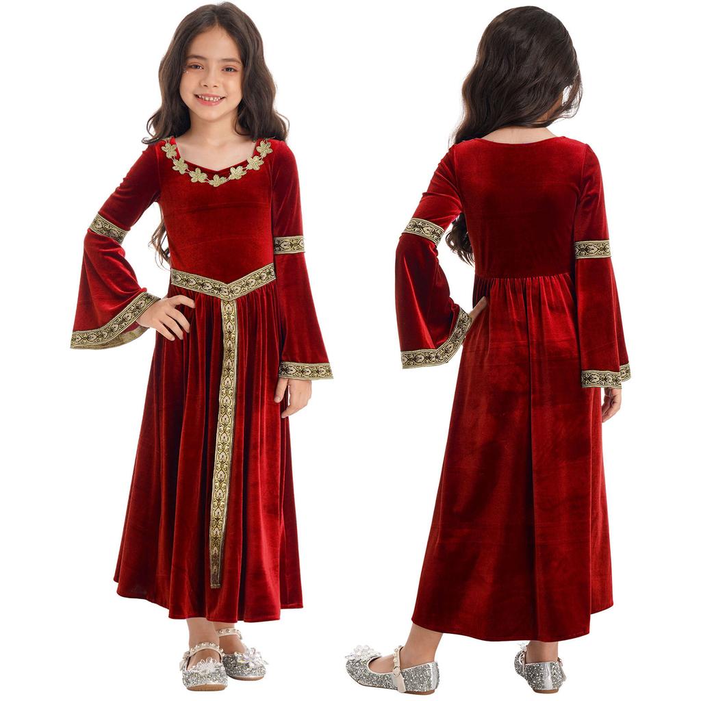 Kids Girls Stylish Medieval Princess Long Flare Sleeve Vintage Pattern Dress
