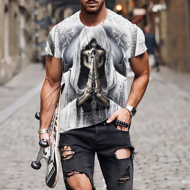 Мужская футболка со страшным черепом, футболка с 3D принтом черепа, мужская футболка большого размера с короткими рукавами, панк-топ, мужской костюм смерти