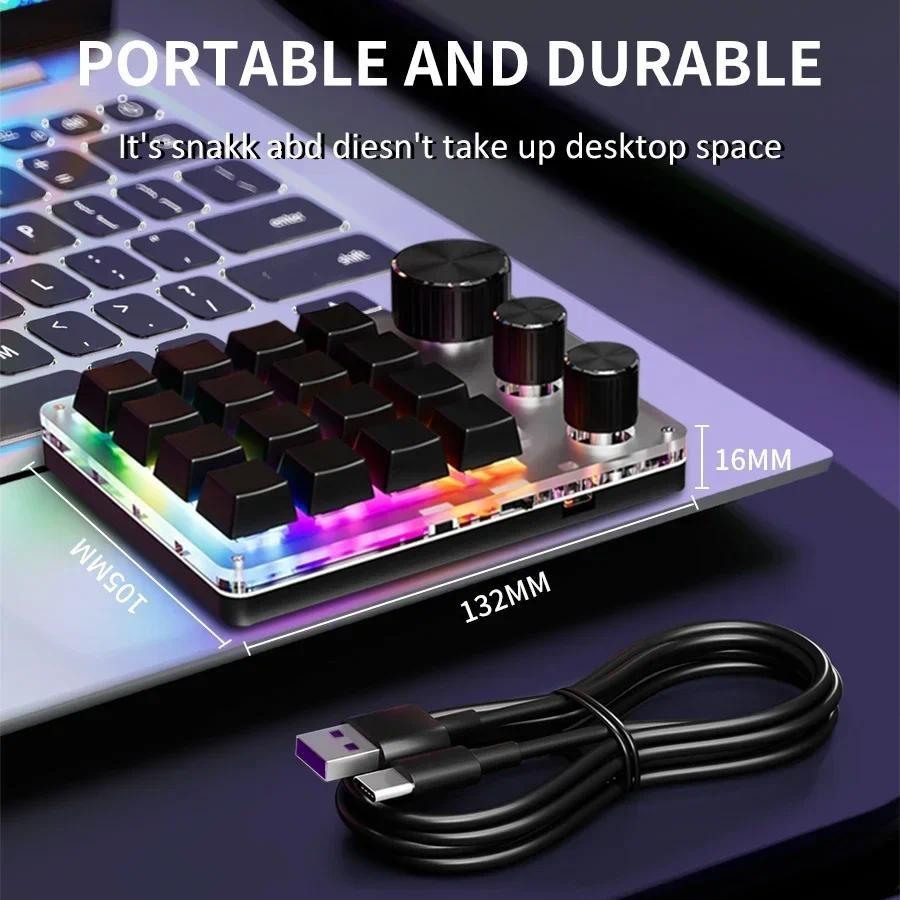 One-handed Mechanical Keyboard 16 Keys 3 Mode Macro Mechanical Keyboard Portable USB RGB Gaming Custom Programming Knob