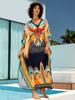 2024 Bohemian Chic Print Plus Size V-neck Bat Sleeve Kaftan Women Summer Vacation Beach Dress Swimwear Cover Up Loose Robe